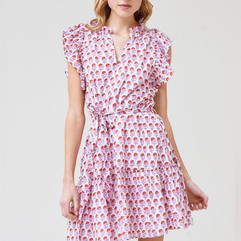 Oliphant Floral Ruffle Mini Dress In Pink And White Size S Flaw